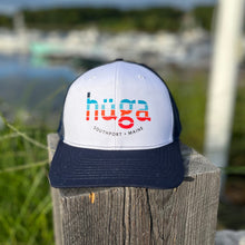 Load image into Gallery viewer, Hüga Trucker Hat / White &amp; Navy Hat with Stripe Logo
