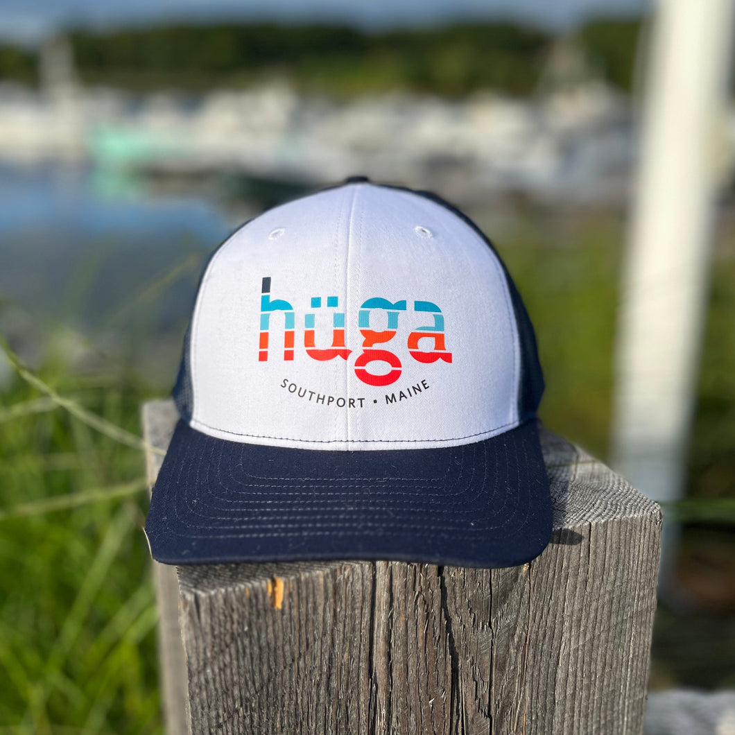 Hüga Trucker Hat / White & Navy Hat with Stripe Logo